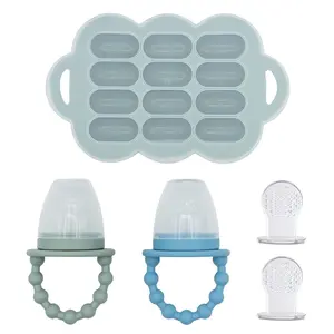 Baby Food Feeder Set - 2 Silicone Feeders & Reusable Freezer Tray with Lid - BPA-Free Fresh Fruit & Veggie Pacifier for Babies & Toddlers - Double as Teething Toys - Dishwasher Safe