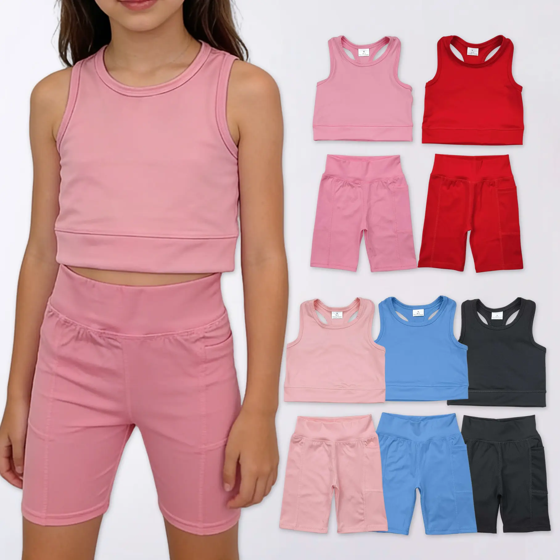 Athletic Sleeveless High Waist Kids Biker Shorts Set with Pocket, Pink Racerback Tank Top, Breathable Sportswear for Cycling, Baseball, Workout for GirlsGirls Set