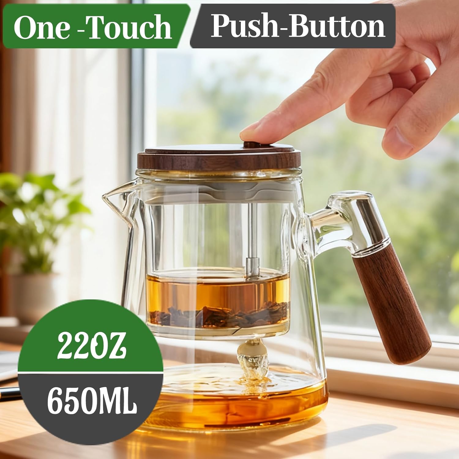 650ml/22oz Glass Teapot with Strainer - Glass Wood Portable Tea Tumbler with Removable Infuser, Button-Press Tea-Soup Filter, for Outdoor and Home Use