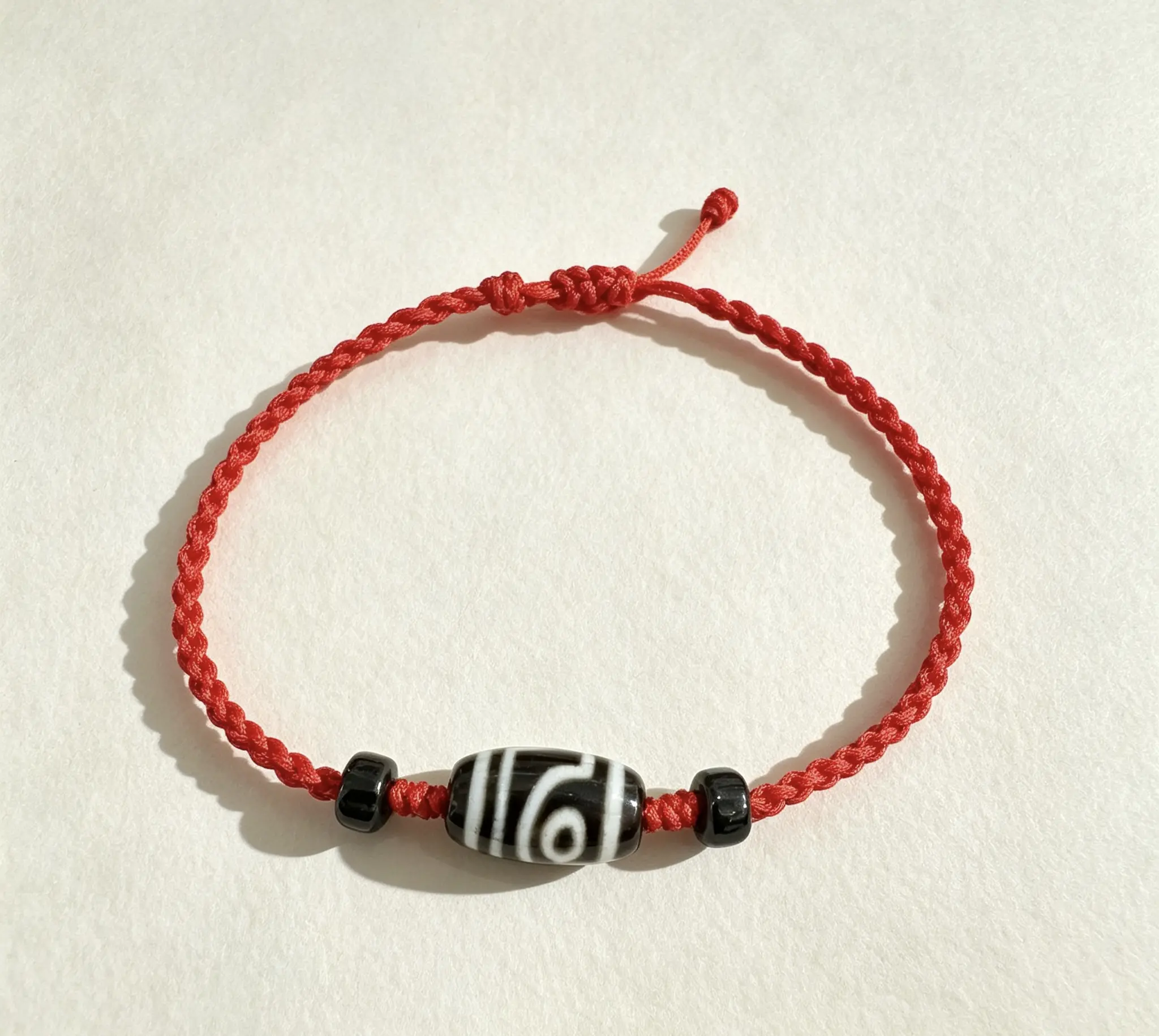 Handmade Adjustable Red Braided Cord Anklet, Vintage Geometric Style Bead with Black Accent Beads Unisex Foot Jewelry