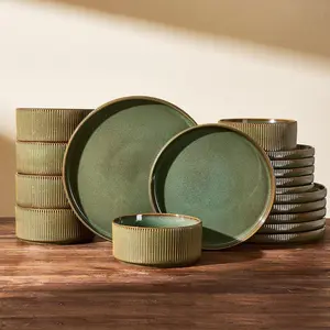 Stoneware Plates and Bowls Dishes Sets Service for 6 (18-),  Handcrafted Reactive  Dinnerware Set with Raised Rim, Scratch Resistant, Microwave Dishwasher Safe, Moss