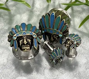 PAIR of Unique Turquoise Enamel Headdress Tribal Chief Double Flare Steel Tunnels/Plugs - Gauges 0g (8mm) thru 5/8" (16mm)