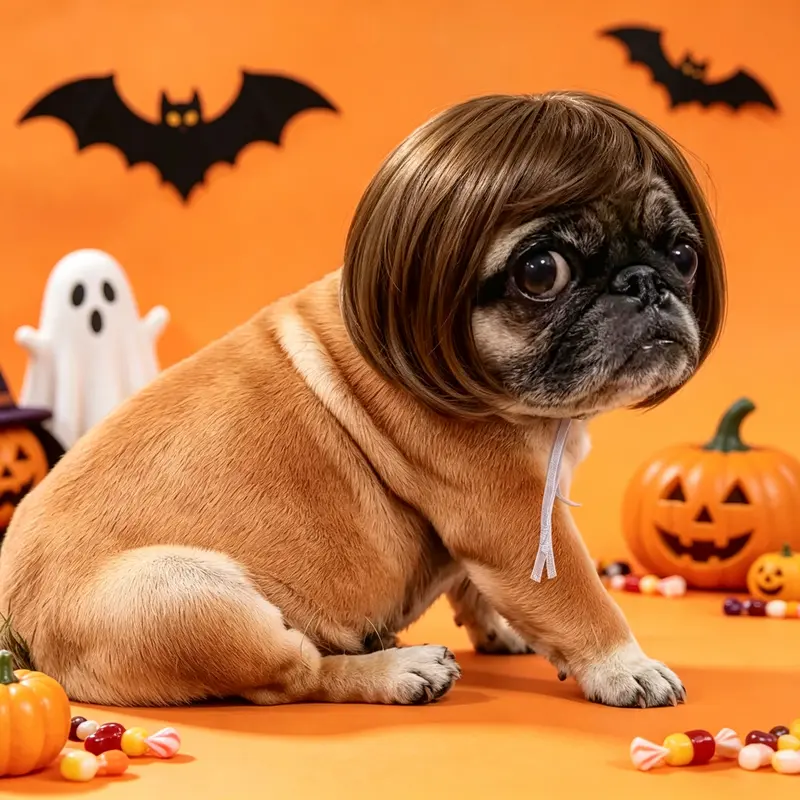 Cute Dog Short Bob Wig with Chin Strap - Pet Hair Accessory, Halloween Costume, Photo Prop Gift