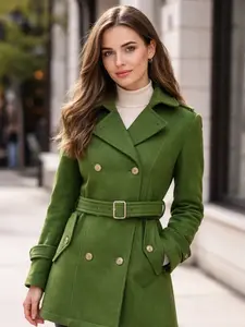Women's Hooded Olive Green Wool Pea Coat Double Breasted Winter Trench Coat with Belted Waist Gold Buttons High-Quality Wool Blend Mid-Thigh Length
