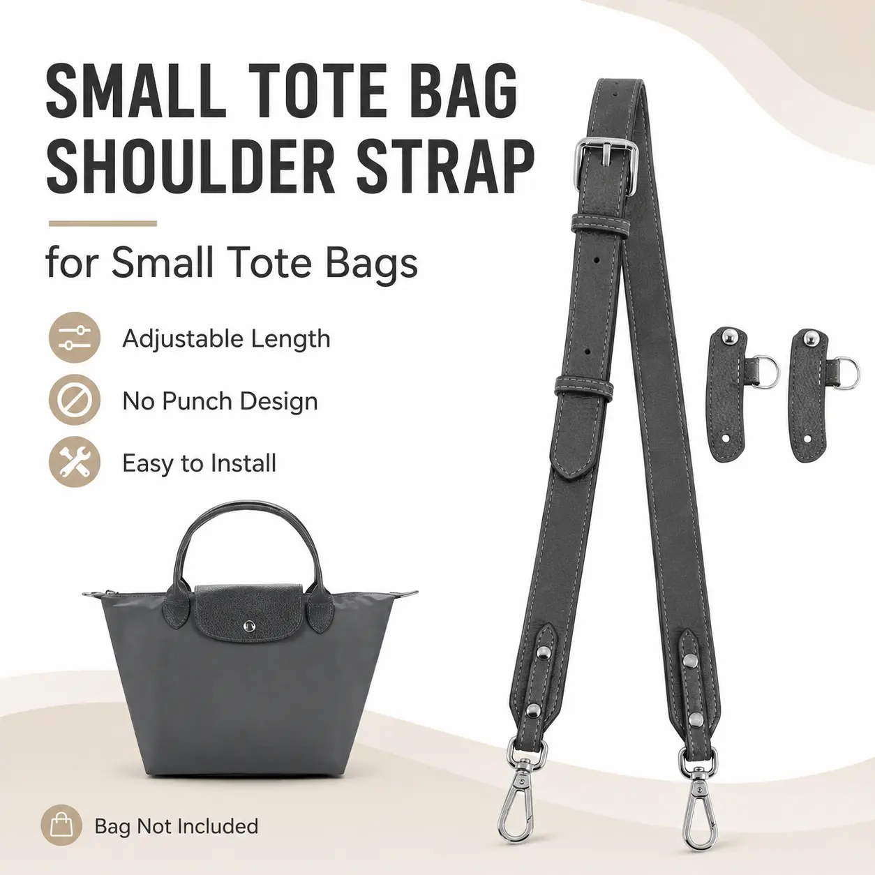 Adjustable Shoulder Strap for Small Tote Bags, Gray No-Punch Crossbody Bag Strap with Connector Tabs
