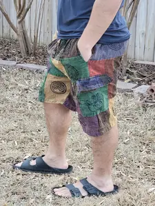 Nepalese Unisex Handmade Colorful Patchwork Stonewashed Prints on each patch Light weight Elastic waist Cotton shorts