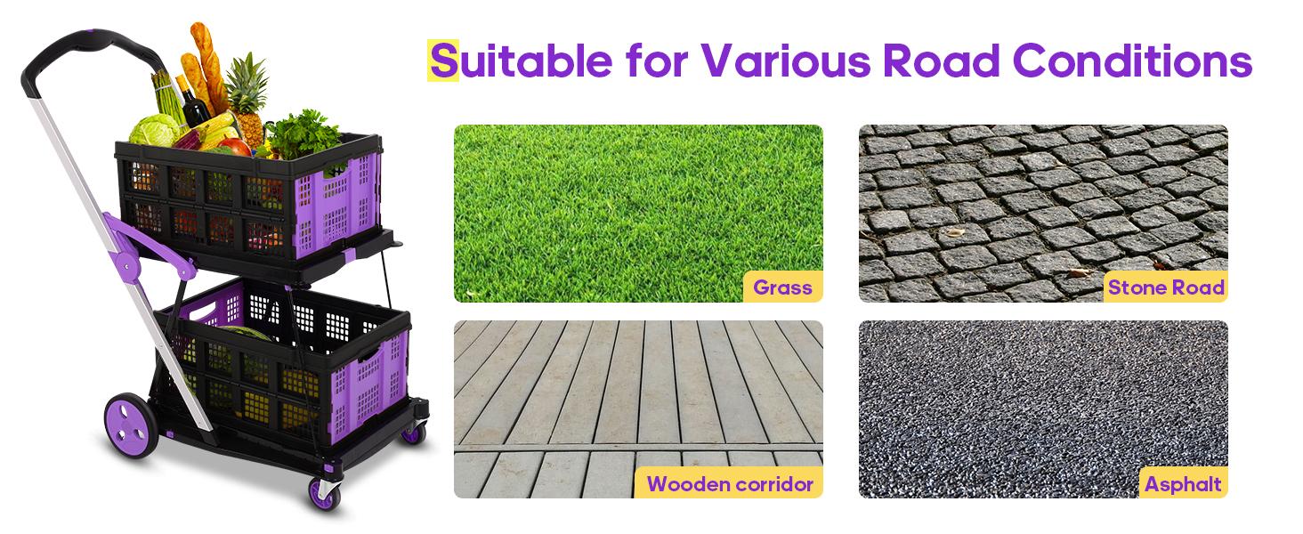 SCITOO Multi-Use Functional Collapsible Trolley with Transport Wheels, Removable Storage Crate - 2 Crates Included, Adjustable Lightweight Purple Cart for Home, Grocery - Convenience & Stockup Solution