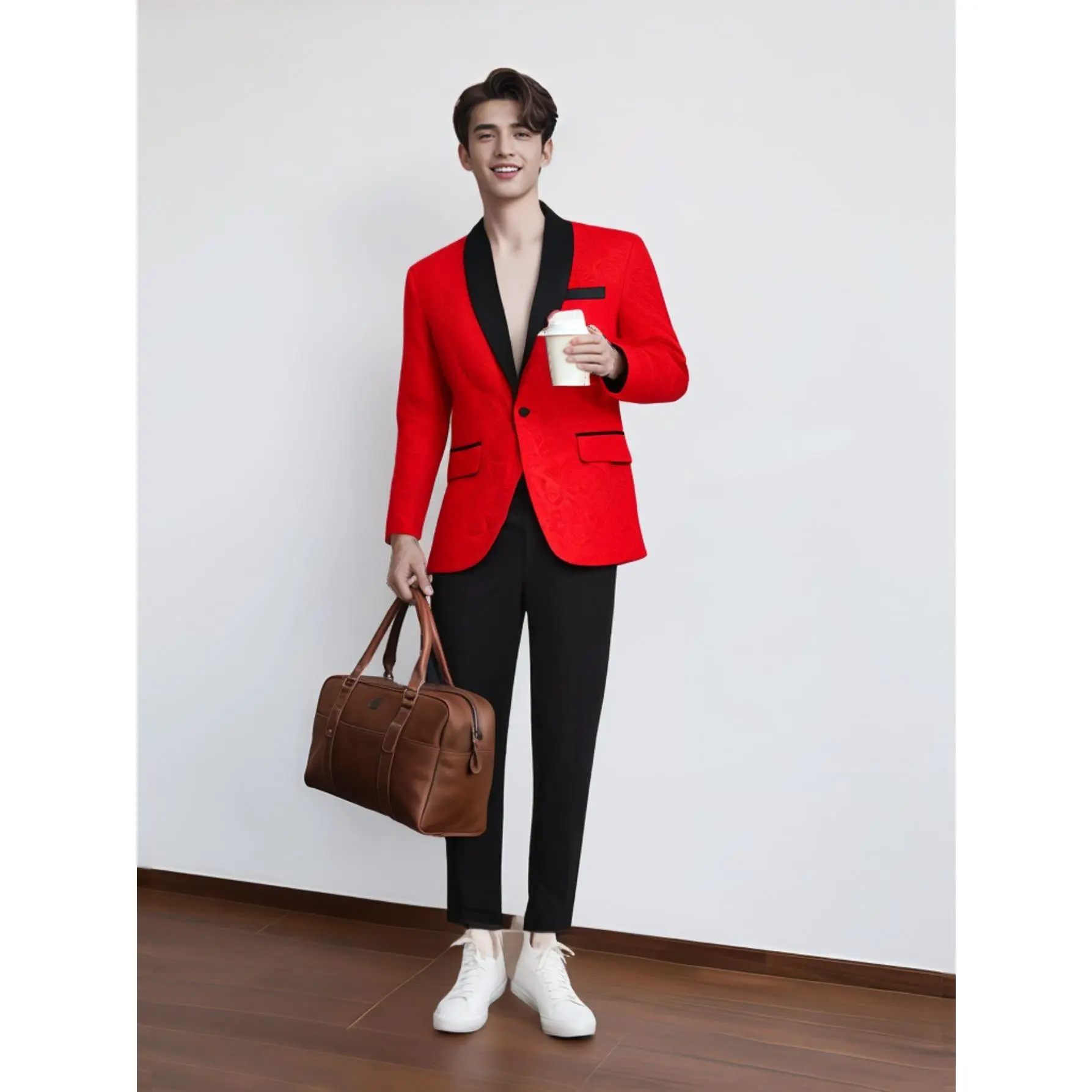 Mens Floral Tuxedo One Button Luxury Shiny Blazer Dinner Party Prom Wedding Suit Jacke-Red
