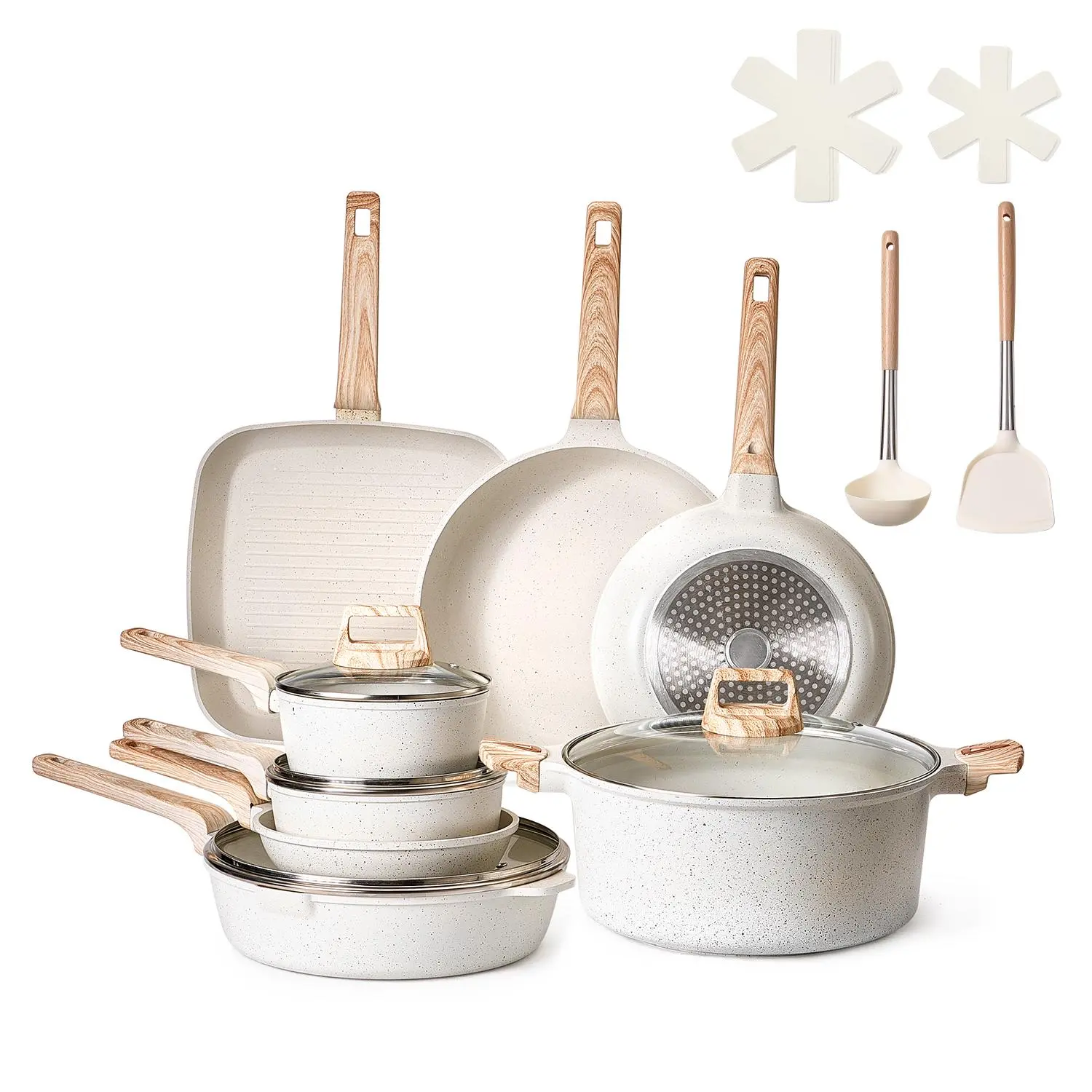 VEVOR 19 Piece Pots and Pans Set Nonstick,  Granite Cookware Set, Induction Cookwares, Kitchen RV Cooking Sets with Frying, Sauce, Saute, Tempered Glass Lids, and Pan Protectors, White
