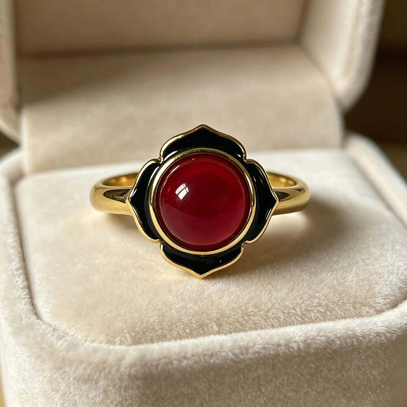 Vintage-style synthetic red agate enamel ring, 18K gold-plated floral-design ring, Art Deco-inspired women's jewelry