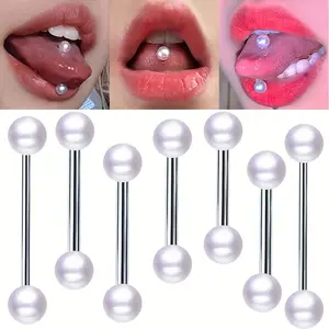 6pcs, Stainless Steel Double Head Imitation Pearl Tongue Ring, Breast Ring Barbell, Classic Tongue Nail, Industrial Crossbar Ear Nail