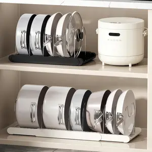 2 Pack Pots and Pans Organizer Under Cabinet, 22" Expandable Food Storage Container Lid Organizers with 9 Adjustable Dividers Pot and Pan Lid Holders Rack Inside Cabinet/Countertop(White / grey )