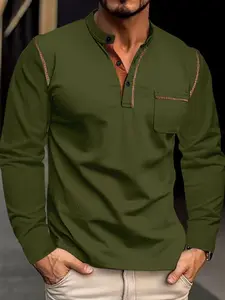 Men's Spring & Fall Casual Shirt, Vintage Classic Button Long Sleeve Fitted Stand Collar Colorblock Top, Versatile Commuter Outdoor Wear