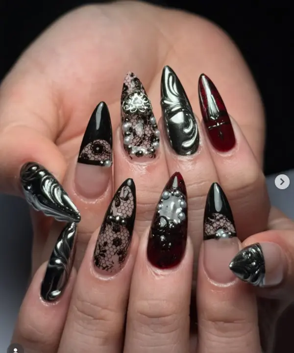 Black Red Gothic Stiletto Nails, Silver Chrome 3D Press On Nails, Lace Pearl Dark Glam Nail Set, Vampire Y2K Handmade Statement False Nails