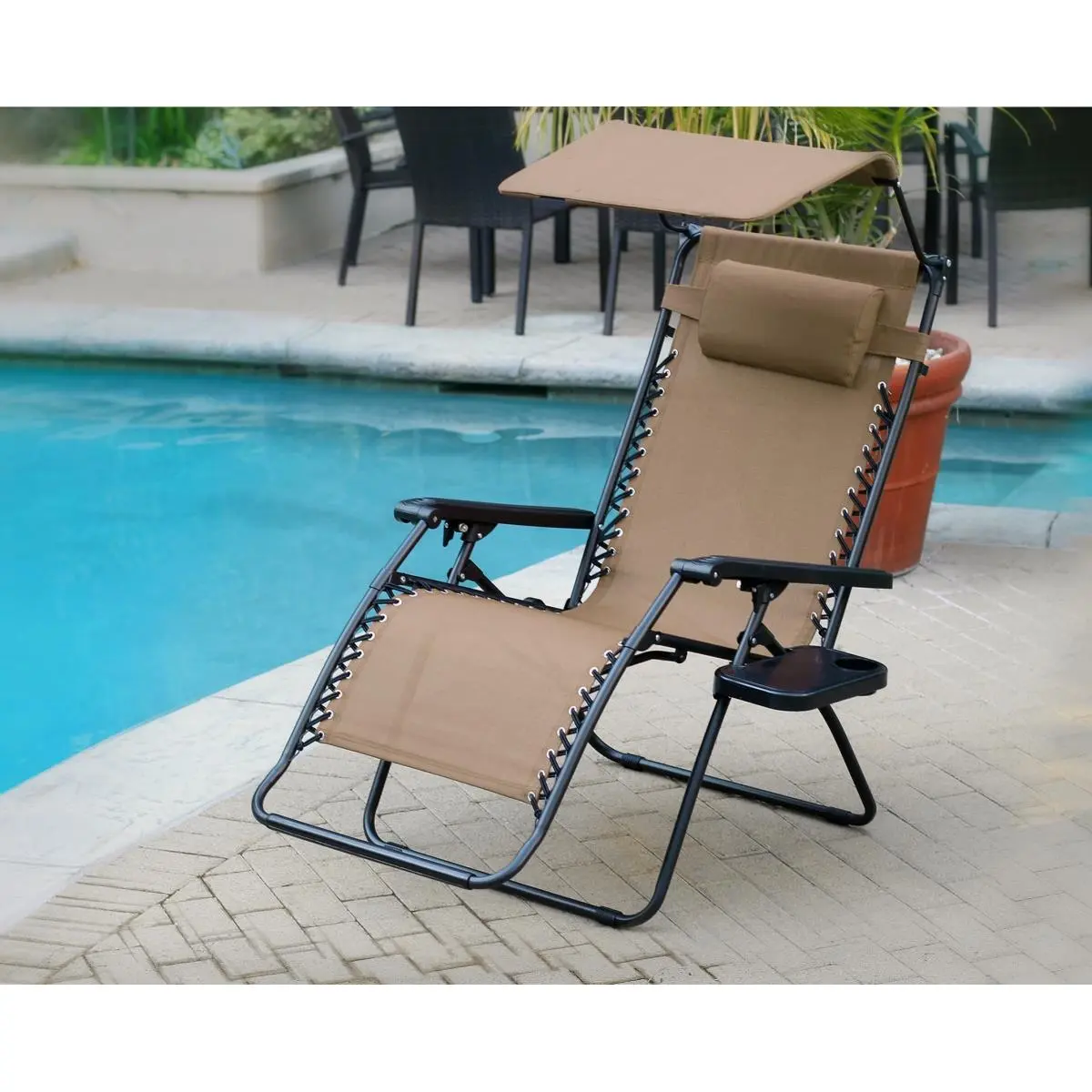 212 MAIN GC12-2 Oversized 0 Gravity Chair, Tan, Set of 2 - Adjustable Folding Lounger with Sunshade, Drink Tray for Patio Outdoor Use, Set Of Two