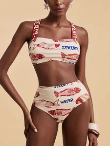 Women's Fun Fish Print Bikini Set, Base Fish, Wide Straps High Waist, Beachwear for Vacation, European and American Style