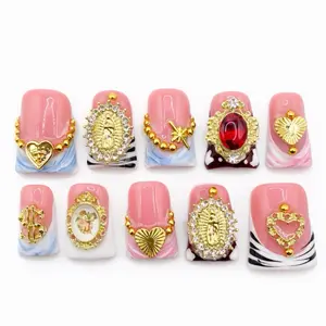 Press On Nails  Sacred Heirloom , Medium Square, Blush Pink Base, Gold Medallion Charms, Heart and Star Details, Marble Tips, Glossy Finish Prette Nail Studio