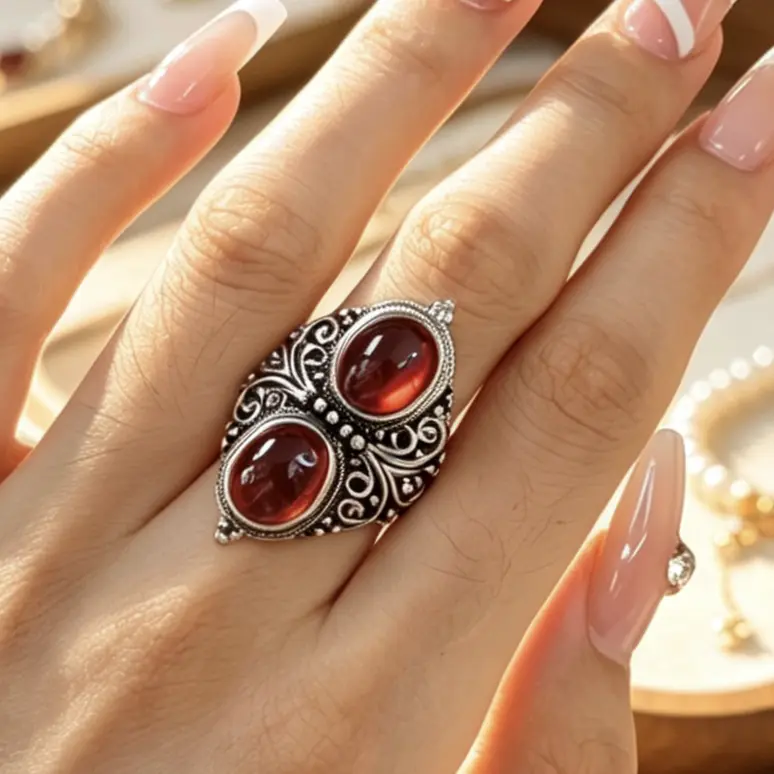 Lvy(16578)gc.Vintage Two-Stone Garnet Statement Ring