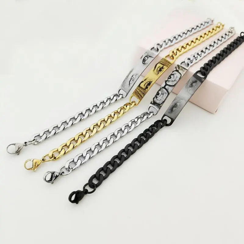 Custom Engraved Evil-Eye Picture Silvery Stainless Steel Bracelet - Punk Style Flat Oval Chain, Custom Name Bracelet & Bangle - Valentine's Day Gift for Couples (Default Plain Version Sent Without Photo), Yes, Engraved Stainless Steel Bracelets & Bangles,