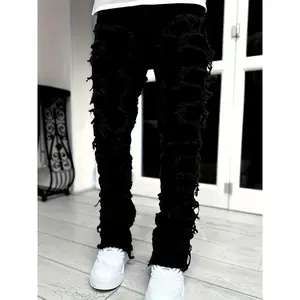 Y2k Hip Hop Style Raw Trim Jeans, Men's Casual Street Style Stretch Denim Pants