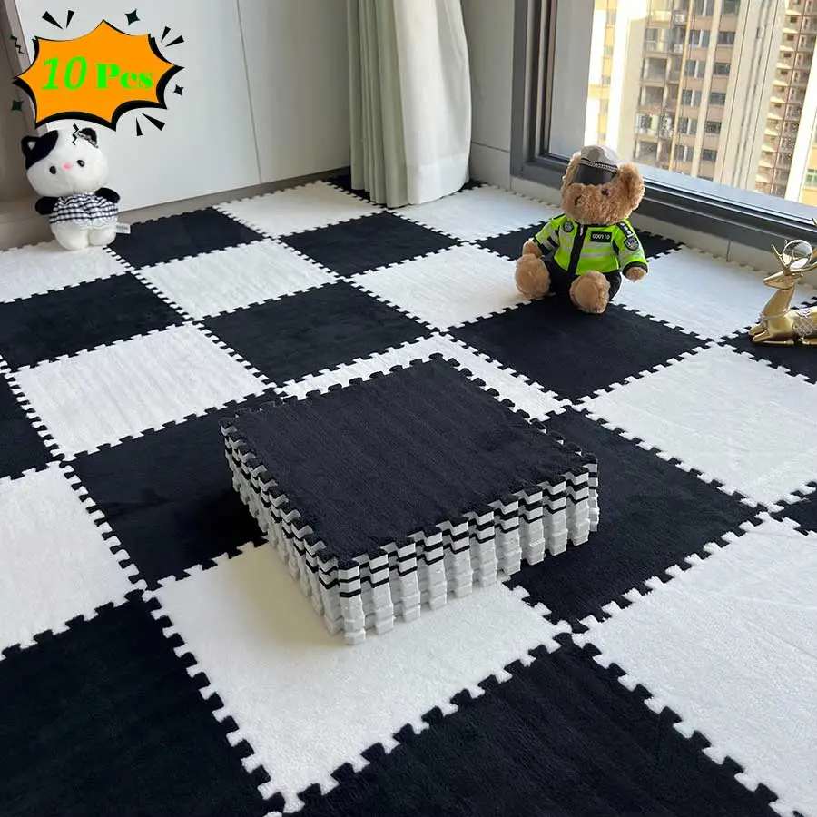 Checkerboard Pattern Puzzle Floor Mat, 10pcs/set Soft Non-slip Climbing Area Rug, Decorative Carpet for Home Living Room Bedroom