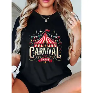 Women's Carnival Staff Circus Tent Graphic T-Shirt, Ideal for Carnival Festivals, Party Events, Casual Wear, Black Short Sleeve Tee for Women 100% Cotton T-shirt
