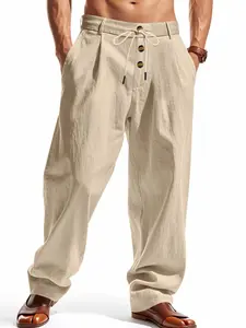 Men's solid color casual straight-leg pants, Casual Relaxed Fit Trouser with a fashionable Classic minimalist style. Suitable for daily wear, outdoor activities and running. Loose-fitting, Breathable and comfortable linen fabric.