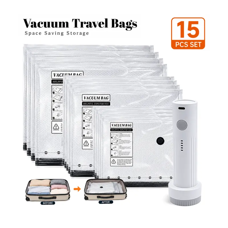 [2026 Upgraded] Cordless Travel Vacuum Bag Set Vacuum Bags for Travel with Rechargeable air Pump, 15 Pack Carry-on Size Compression Packing Bags for Luggage and Suitcase, Vacuum Seal Bags