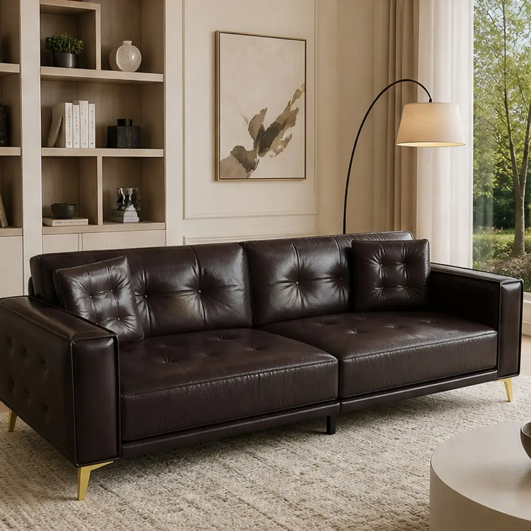 Dark Brown 3-in-1 Convertible Sofa Bed - ARCH Sturdy Steel Frame, High Density Sponge, Tufted Faux Leather, Ultra Wide Armrests, Pillows, 4-Seater Full King Bed (92.1"d x 34.3"w x 32.7"h), Assembly Required, Modern Small Space Living Room Indoor Furniture