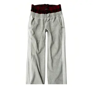 AMOJI Double Waist Sweatpants Unisex Y2K Striped Boxer High Rise Cool Wide Leg Baggy 2000S Athletic Comfortable Fit