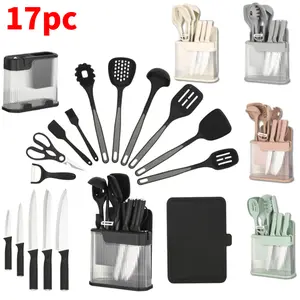 19-Piece Kitchen Knife and Utensil Set with Holder, 5 Stainless Steel Knives, Silicone Cooking Utensils Set, Heat Resistant Nonstick Safe Kitchen Tools, Cutting Board Scissors Peeler, All-in-One Countertop Kitchen Set for Home Cooking