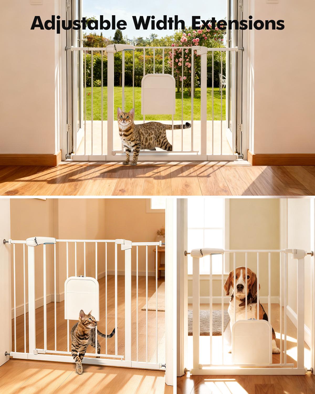 Adjustable Pet Gate with Cat Door, Auto-Close Pressure-Mounted Safety Gate for Doorways & Stairs – Ideal for Multi-Pet Homes (29–45 Inches, White/black)