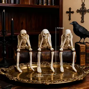 Halloween Skeleton Decor Set of 3 - Small "See No Evil, Hear No Evil, Speak No Evil" Resin Figurines, Gothic Spooky Indoor Ornaments for Fireplace Mantel & Tabletop, Creepy Halloween Table Decorations