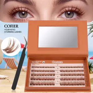 COFIER Glue-Free DIY Brown Lash Kit Jelly 80/100 Pcs Coated Base Self-Adhesive Individual Lashes with Tweezers FDA Qualified Reusable for Beginners Friendly Makeup