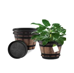 3 Pack Barrel Planters 10 inch Plant Pots With Drainage Holes And Saucer For Indoor & Outdoor Garden Home
