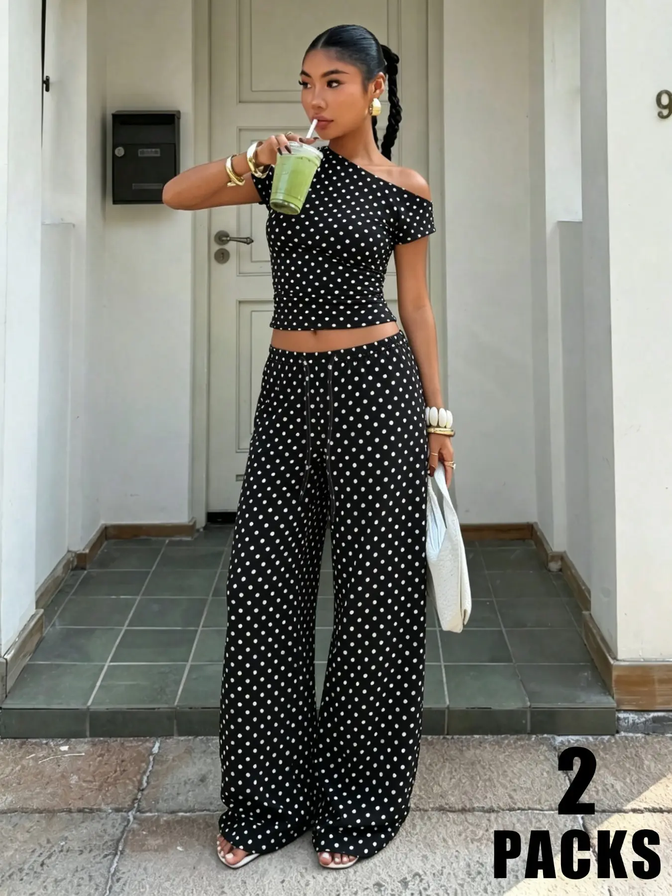 2026 New Y2K Trend Style Two-Piece Set, American Retro Polka Dot Asymmetrical Shoulder, Colorblock Design, Casual Fashion for Daily Wear