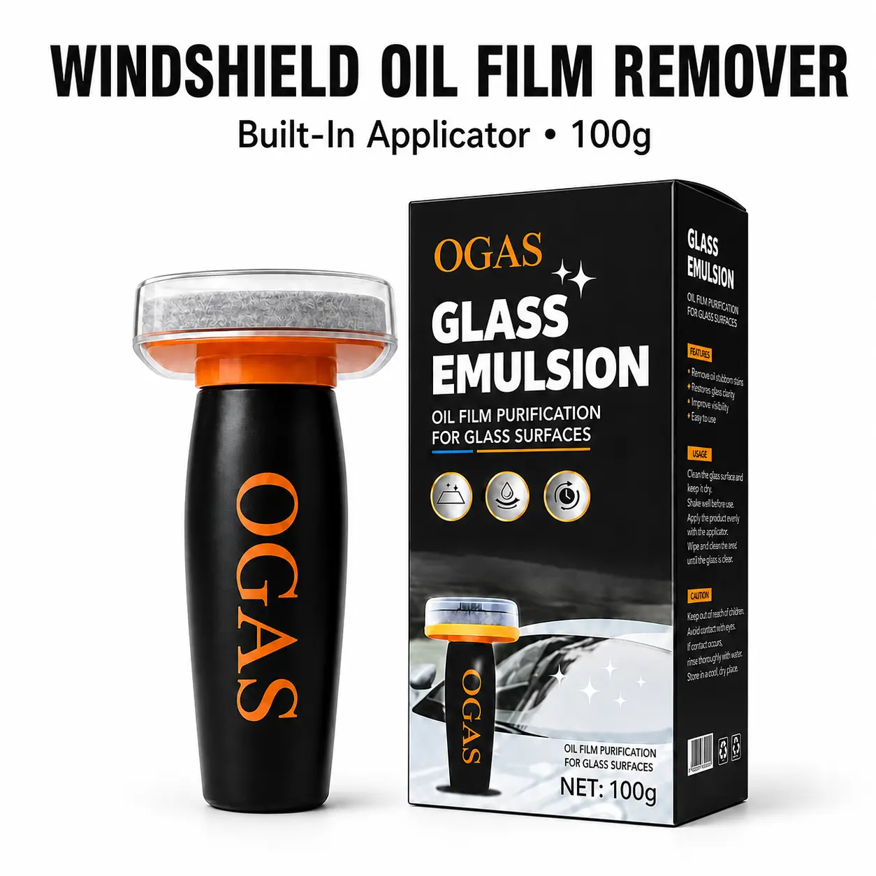 OGAS Windshield Oil Film Remover 100g with Built-In Applicator – Car Glass Cleaner for Water Spots, Road Grime & Haze