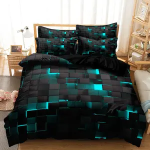 3-Piece Geometric Grid Digital Print Bedding Set, Modern Bedding Set, Includes 1 Duvet Cover & 2 Pillowcases, Polyester Fiber, No Heart Design