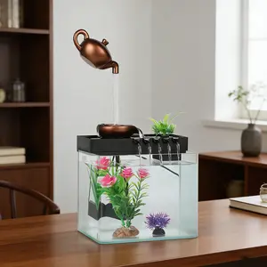 Floating Tea Pot Waterfall Fish Tank, Circulating Filter Ecological Aquarium, Small Desktop Aquascape, Office Living Room Decor