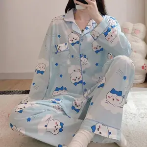 2Pcs Anime Chiikawa Women Pajamas Suit Cartoon Usagi Autumn Long Sleeve Pants Cotton Nightgown Cartoon Girls Homewear Set Soft