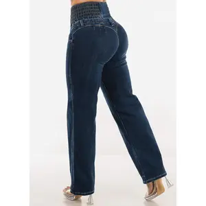 Moda Xpress MX JEANS Ultra High Waist Dark Wash Wide Leg Push Up Levantacola Jeans – Spandex Waistband, Straight Fit, Stretchy Material