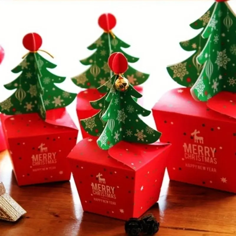 20pcs Christmas Gift Boxes Set – Pop-Up Paper Christmas Tree Design with Bells, Red & Green Color Options, Two Sizes | Ideal for Holiday Treats, Candy, Christmas Apples, Small Party Favors | Perfect for Xmas Gift Packaging, Holiday Party Decorations, Reus