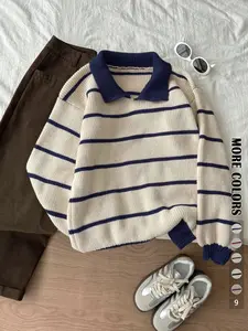 Autumn Winter Striped Polo Neck Long Sleeve Pullover Sweater, Fashionable Lazy Casual Loose Fit Knitwear, Versatile Style, Womenswear, Piece