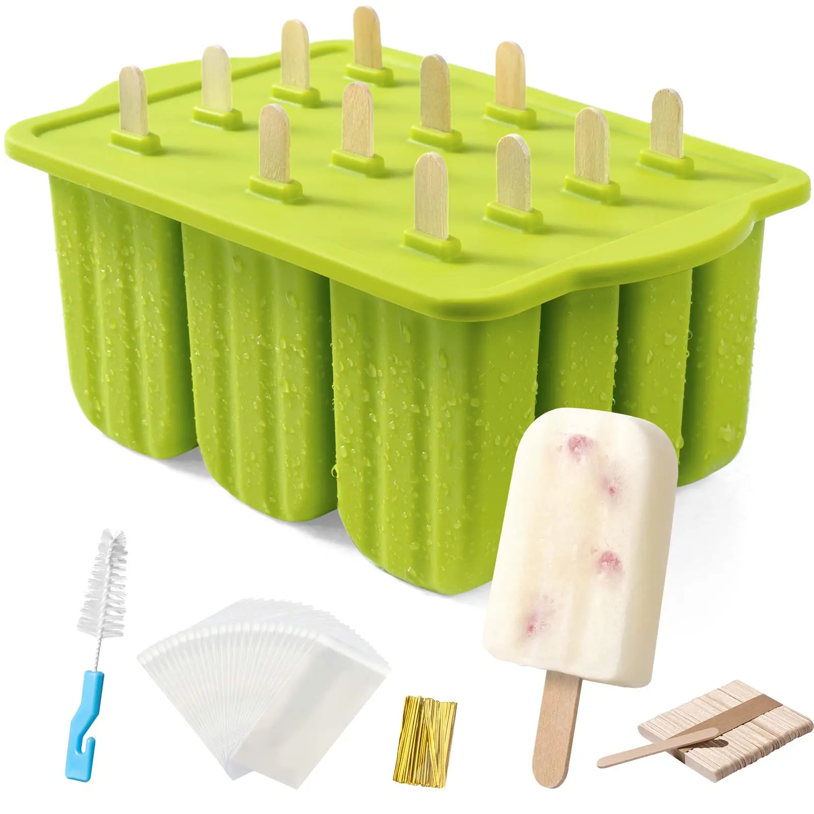 152 Pcs Popsicle Molds Set,Including 1 Silicone Popsicle Molds & Ice Cake Pop Mold Maker with 1 Brush,50 Cable Ties,50 Wooden Sticks & 50 Self-adhesive Bags for DIY Cake and Ice Cream,Hand Tools Kits,Summervibes