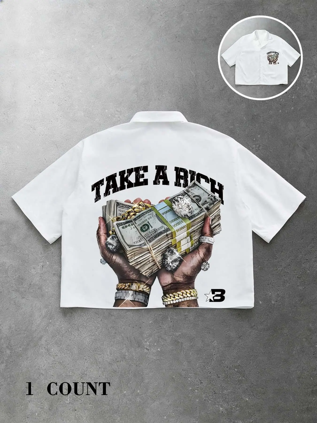 Unisex "Take A Risk" Money Graphic Print Button Up Shirt, Menswear, Hip Hop Streetwear, Fashion, Cuban Collar Short Sleeve, Summer Beach, Music Festival, Street Party & Urban Casual Outfit, Hip Hop Influence, Casual Loose Shirt, Collared Shirts