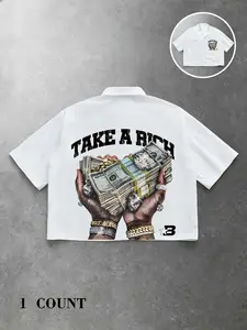 Unisex "Take A Risk" Money Graphic Button Up Shirt, Hip Hop Streetwear, Cuban Collar Short Sleeve, Summer Beach, Music Festival, Street Party & Urban Casual Outfit