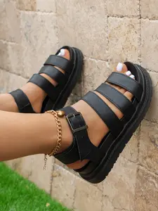 Women's Casual Sandals, Lightweight Strappy Sandals, Open Toe Sandals, New Style Buckle Strap Flat Toe Shoes, PU Upper Material, Less Than Ankle Height, Plain Pattern