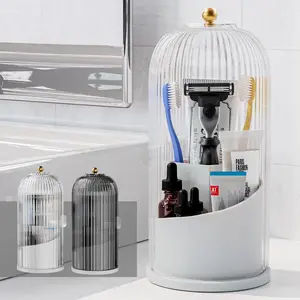 360° Rotating Makeup Brush Holder with Dustproof Lid Toothbrush Holders with Sliding Lid for Bathroom Counter Organizer Tooth Brush Toothpaste Holder for Bathroom Vanity Makeup Brushes Holder