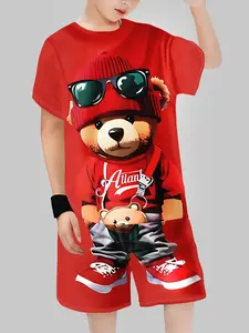 Cute Bear Print Boys' Clothing Set, Daily Wear & Parent-Child Play, Stylish Kids Apparel for Casual Occasions, Clothes Kids, Husky Boy Clothes, Shorts