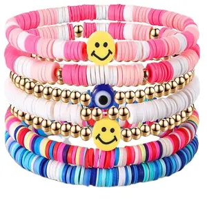 Imitation Pearl Colorful Clay Fruit Smiley Face Beaded Bracelet Soft Clay Elastic Bracelet Set for Women